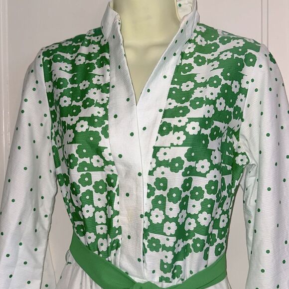 Vintage 60s/70s Howard Wolf Green & White Flower Power Hostess Maxi Dress - Picture 3 of 12